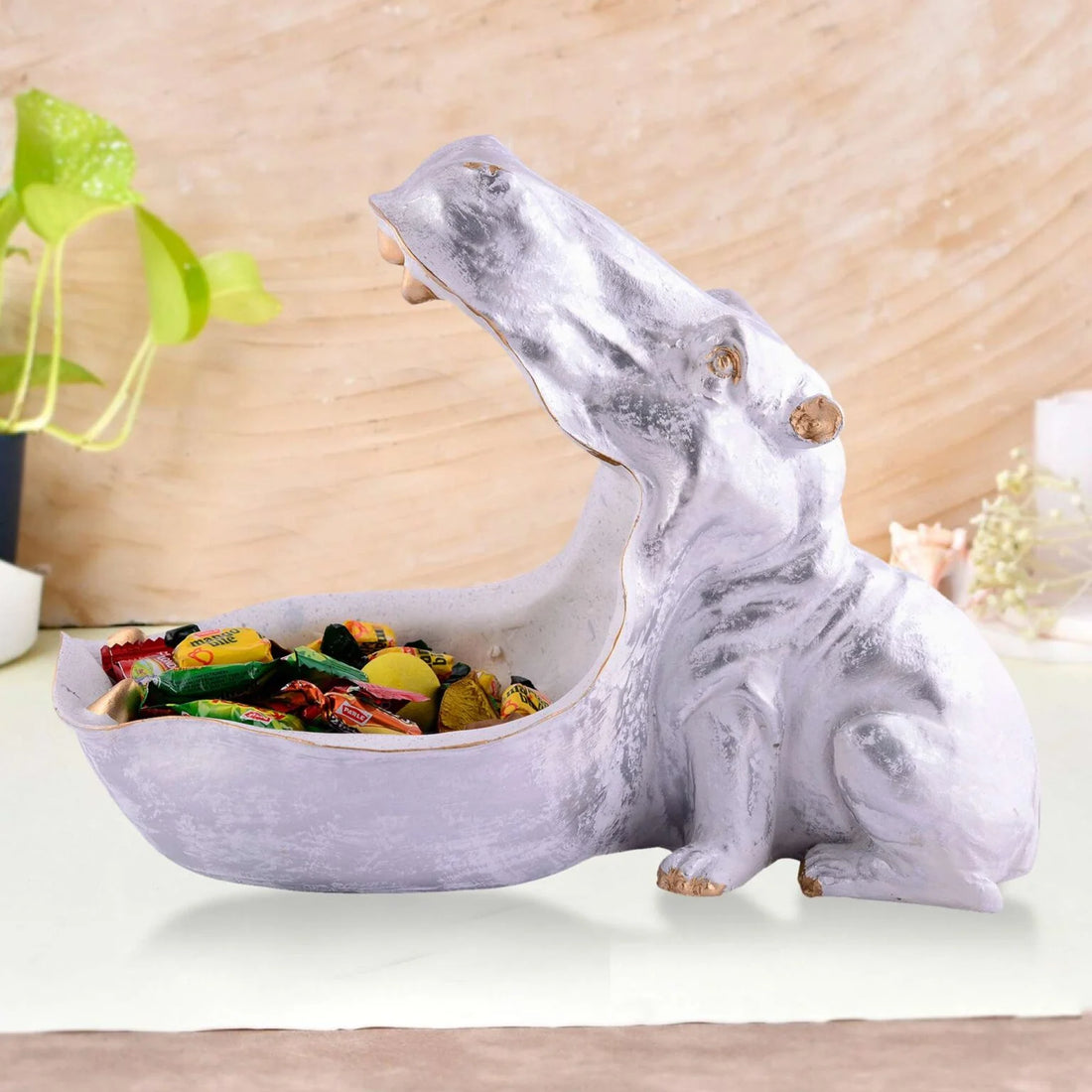 White Polyresin Hippo Sculpture – Open Mouth Showpiece