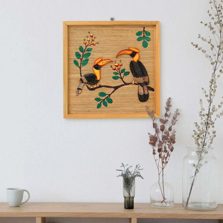 Bamboo Art Hornbill Couple Painting – Handcrafted Home Décor Gift