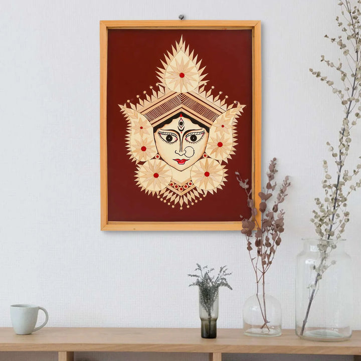 Bamboo Handcrafted Durga Ji Framed Wall Hanging – Home Décor Art