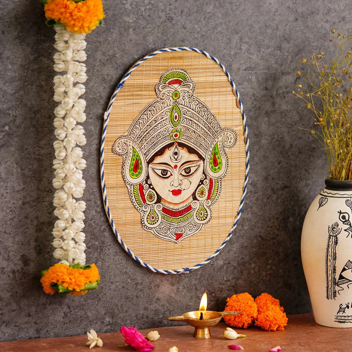 Oval Bamboo Wall Hanging of Durga Maa – Handcrafted Home Décor