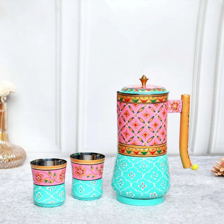 Aluminium Jug Set with 2 Glass Tumblers – 21 cm Kitchen & Tabletop Décor