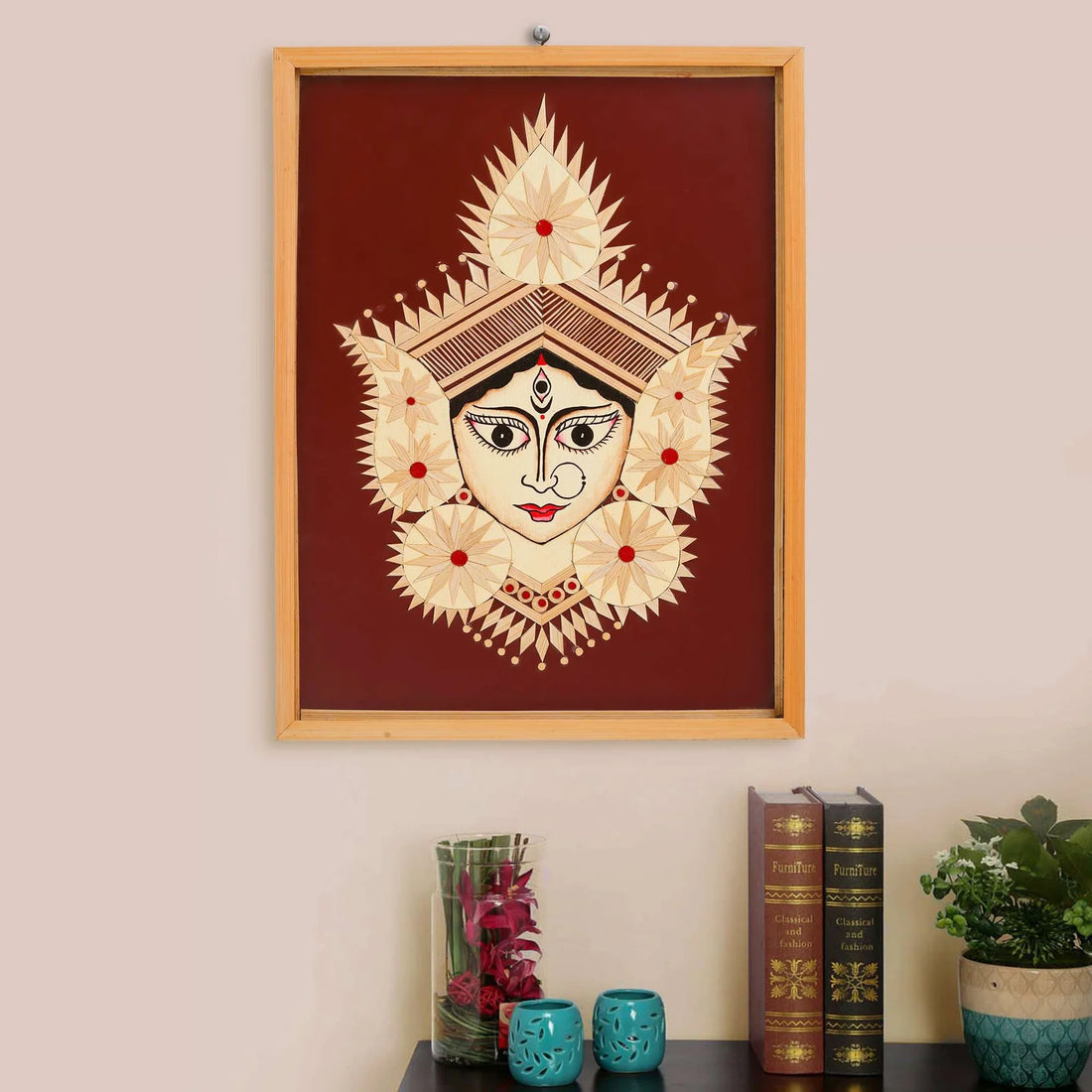 Bamboo Handcrafted Durga Ji Framed Wall Hanging – Home Décor Art