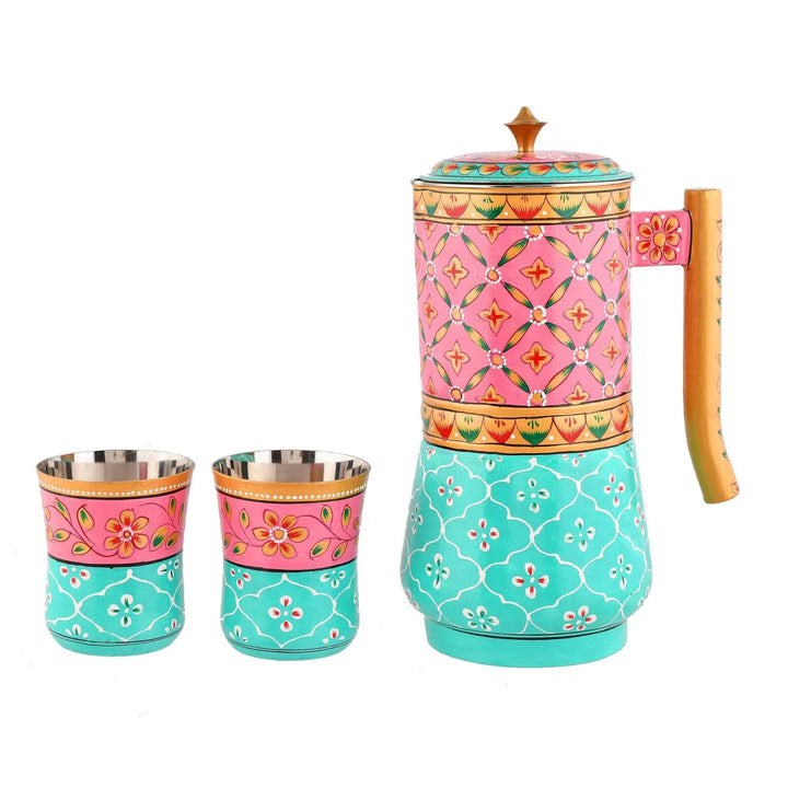 Aluminium Jug Set with 2 Glass Tumblers – 21 cm Kitchen & Tabletop Décor