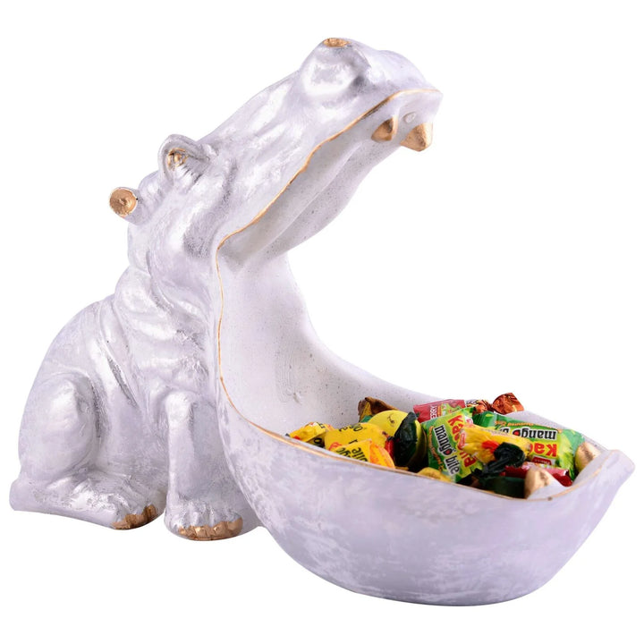 White Polyresin Hippo Sculpture – Open Mouth Showpiece